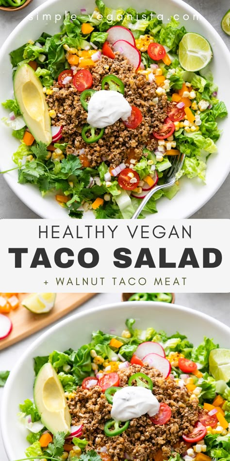 Taco Salad Healthy, Vegan Taco Salad Recipe, Walnut Taco Meat, Taco Salad Recipe Healthy, Simple Veganista, Vegan Taco Salad, Vegan Taco, Oil Free Vegan Recipes, Taco Salad Recipes