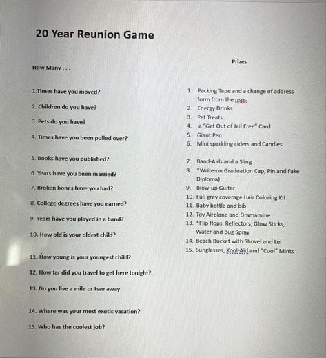 20th Class Reunion Ideas, High School Class Reunion Ideas, 20 Year High School Reunion Ideas, 20 Year Class Reunion Ideas, High School Reunion Games, Class Reunion Games, Class Reunion Ideas, 20 Year Reunion, High School Reunion Planning