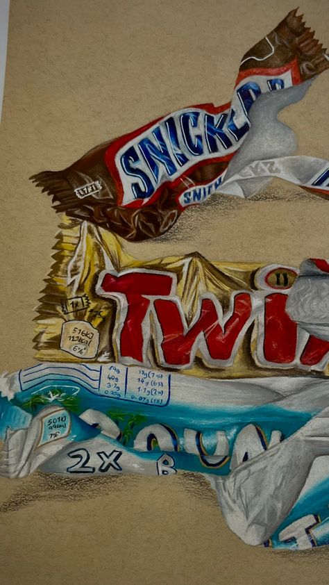 Sweet Wrapper Art, Still Life Title Page, Gcse Art Food Title Page, Food Surrealism, Candy Sketch, Food Textiles, Candy Drawings, Confectionary Art, Sweets Art