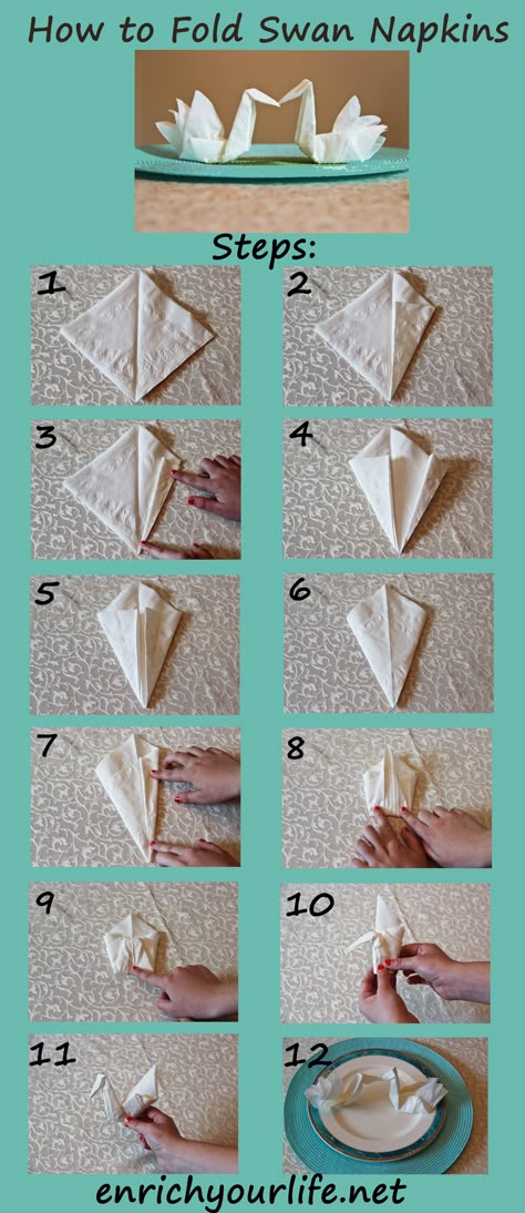 How to Fold a Swan Napkin Step by Step! enrichyourlife.net enrichyourlife01@gmail.com 541-602-8338 Towel Swan, Napkin Origami, Diy Napkin Folding, Napkin Folding Ideas, Origami Tattoo, Paper Napkin Folding, Creative Napkins, Origami Swan, Folding Ideas