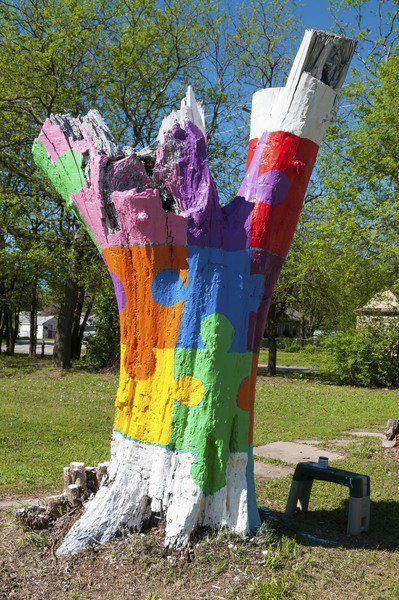 Local neighbors create art on a tree stump Painting On Tree Trunk, Painted Tree Stumps, Tree Stump Painting, Tree Trunk Art, Tree Stump Art, Painting A Tree, Tree Trunk Painting, Tree Parts, Tree Stem