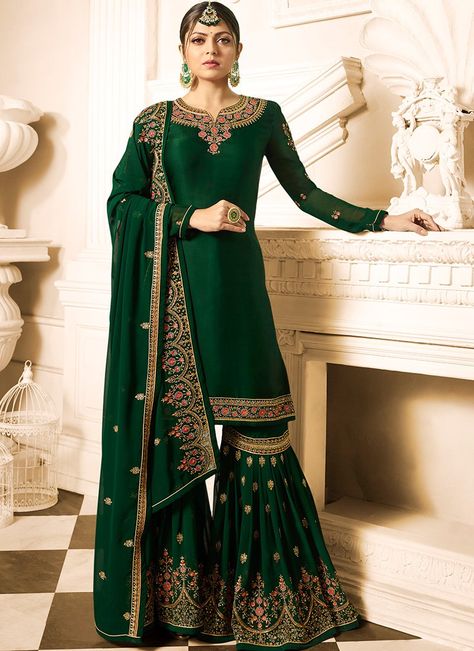 Emerald Green Embroidered Gharara Suit Green Gharara, Sarara Dress, Roka Ceremony, Green Sharara, Indowestern Dresses, Gharara Designs, Bamboo Diy, Desi Fits, Jacket Designs