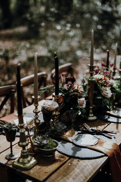 Table Tablescape Decor Black Gold Candles Flowers Modern Gothic Woods Wedding Ideas Ayelle Photography #wedding #Table #Setting #Tablescape #Decor #Black #Gold #Place #Names #Calligraphy #Candles #Flowers Woods Wedding Ideas, Gothic Woods, Tudor Wedding, Gothic Wedding Theme, Dark Wedding Theme, Woods Wedding, Candles Flowers, Halloween Themed Wedding, Modern Gothic