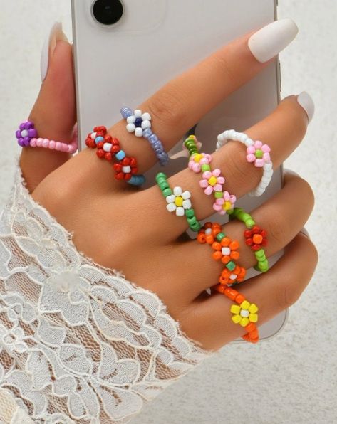 9 pieces of beaded rings  handmade size 1.8 cm Ethiopian Jewelry, Summer Rings, Fleur Design, Kawaii Accessories, Beaded Jewelry Patterns, Beaded Accessories, Cute Rings, Beaded Rings, Beaded Jewelry Diy