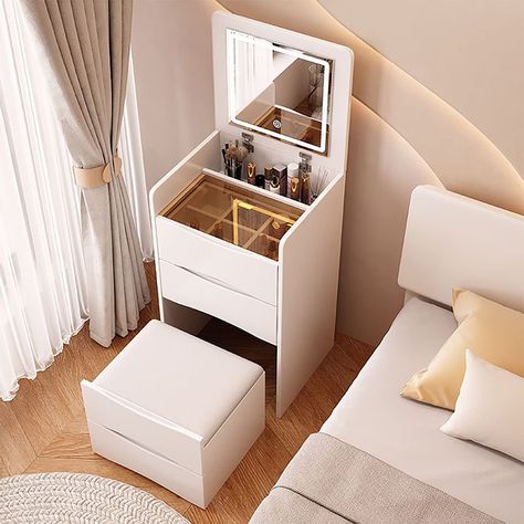 Luxury Dresser, Space Saving Bedroom, Makeup Vanities, Mirror Drawers, Drawer Bedroom, Dressing Table Storage, Mirrored Vanity Desk, Vanity Benches, Makeup Desk