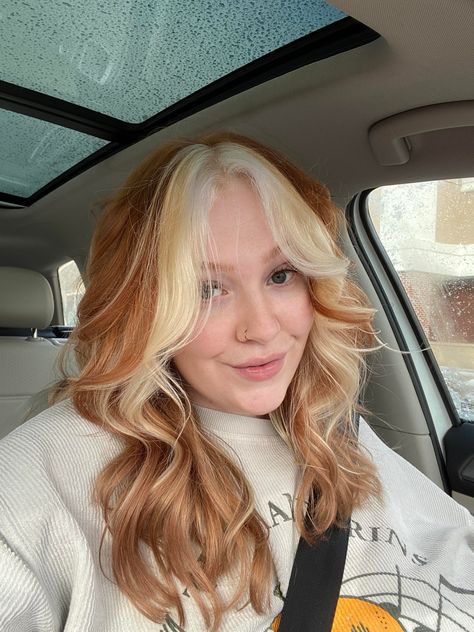 Strawberry Red With Blonde Highlights, Ginger Hair Black Highlights, Blonde Fringe Ginger Hair, Ginger And Blonde Peekaboo Hair, Red Head Haircut Medium, Ginger Hair Blonde Front Pieces, Ginger Hair Ideas Highlights, Ginger With Blonde Hair, Orange Blonde Balayage