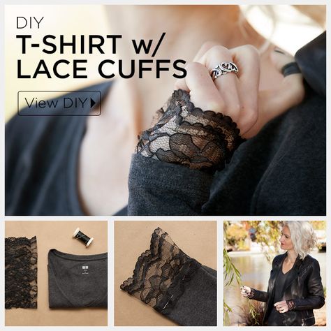 DIY T-Shirt with Lace Cuffs Tutorial by Trinkets in Bloom Cuffs Diy, Diy T Shirt, Diy Vetement, Shirt Diy, Kleidung Diy, Lace Cuffs, Couture Mode, Ropa Diy, Women Diy