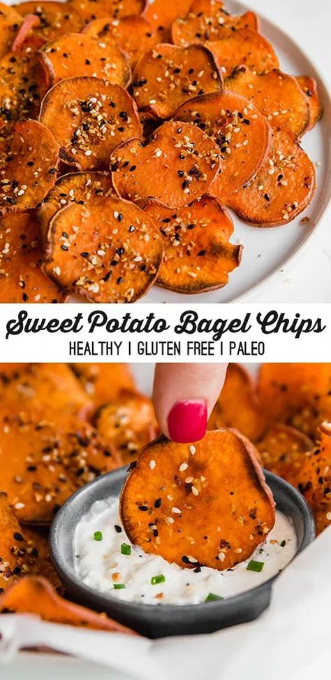 Everything Bagel Chips, Paleo Chips, Everything Bagel Seasoning, Bagel Chips, Bagel Seasoning, Sweet Potato Chips, Crunchy Snack, Snacks Saludables, Paleo Snacks