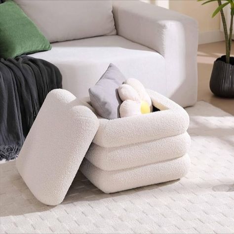 This Ottoman made out of Sherpa provides a cozy texture as well as a perfect step stool or storage space. Perfect for college dorms or small spaces. #college #dorms #sherpa #ottoman #footstool #ad #comfy #cozy #cute #aesthetic #beige #creame Foot Stool With Storage, Sherpa Furniture, Footstool Bedroom, Sherpa Ottoman, Mirror Space, Boucle Ottoman, Couch Storage, Storage Cube Ottoman, White Ottoman