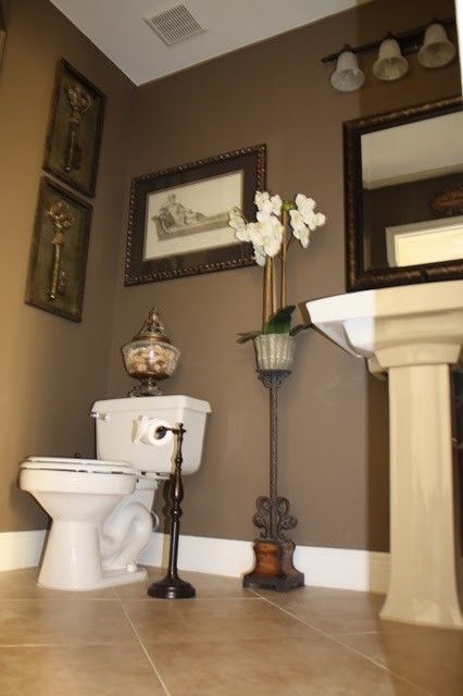 I love the dark theme for the bath off our kitchen Bathroom Paint Colors Behr, Bathroom Pedestal Sink, Traditional Powder Room, Powder Room Design Ideas, Dark Brown Walls, Brown Paint Colors, Powder Room Design, Mocha Latte, Bathroom Paint Colors