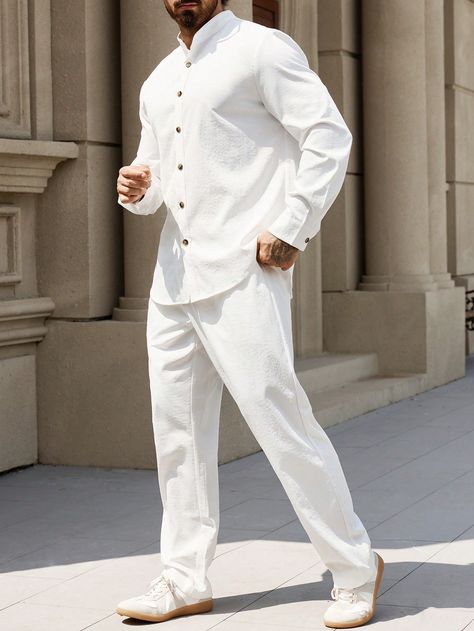 Men's Solid Color Button-Up Shirt And Pants Suit, Minimalist White Casual    Plain  Non-Stretch All Men Clothing, size features are:Bust: ,Length: ,Sleeve Length: All White Party Outfits Mens, White Linen Suits For Men, All White Mens Outfit, All White Party Outfits, Linen Suits For Men, White Linen Suit, White Party Outfit, Party Outfit Men, Off White Clothing