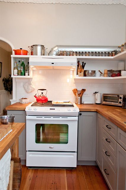 This is where I got the idea to angle my toaster oven in the corner. So mundane, but made a huge difference in the amount of usable space it freed up. Kitchens With Butcher Block Countertops, Butcher Block Countertops Kitchen, Block Countertops, Kitchen Ikea, Casa Clean, Butcher Block Kitchen, Kitchen Styles, Future Kitchen, Condo Ideas