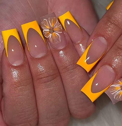 Yellow Frenchies Nails, Sunflower Themed Nails, Yellow Nail Inspo Acrylic, Yellow Tips Nails, Dollar Tree Nails, Orange Yellow Nails, Do Nails At Home, Dollar Nails, Mustard Yellow Nails