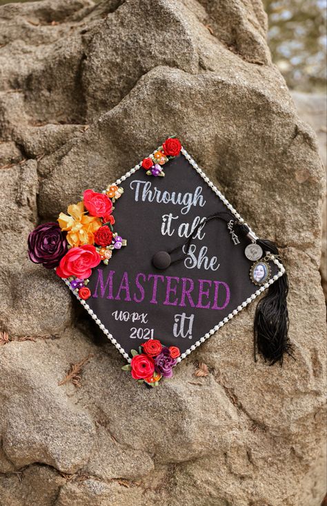 Masters Degree Graduation Hat, Masters Degree Graduation Cap Therapist, Through It All She Mastered It, She Mastered It Graduation Cap, Master’s Graduation Cap, Masters Degree Graduation Cap Teacher, Graduation Cap Designs Teacher Masters, Master Of Education Graduation Cap, Graduation Cap Ideas Masters Degree