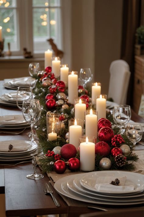 Create a Christmas centerpiece with a rustic lantern filled with pinecones, fairy lights, and holly, or group white candles on a wooden tray with greenery and berries. Mason jars with cranberries and floating candles add charm. #centerpiece #christmascenterpiece #christmasideas White Rose Christmas Centerpiece, Ornament Table Centerpieces, Round Table Christmas Centerpieces, Centerpiece Ideas Christmas, Bridal Table Centerpieces, Christmas Wedding Table, Christmas Wedding Centerpieces, Christmas Dinner Table Settings, Christmas Centerpiece Ideas