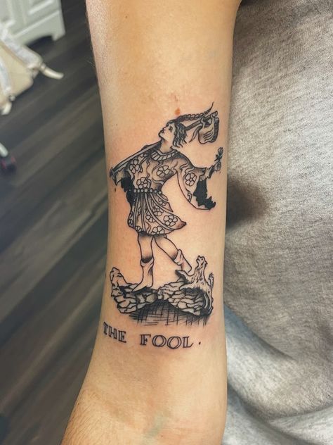 The Fool Tarot Design, The Fool Tattoo Design, The Fool Tattoo, Fool Tattoo, The Fool Tarot Tattoo, Beetle Tattoos, Film Tattoo, Jester Tattoo, Lower Arm Tattoos