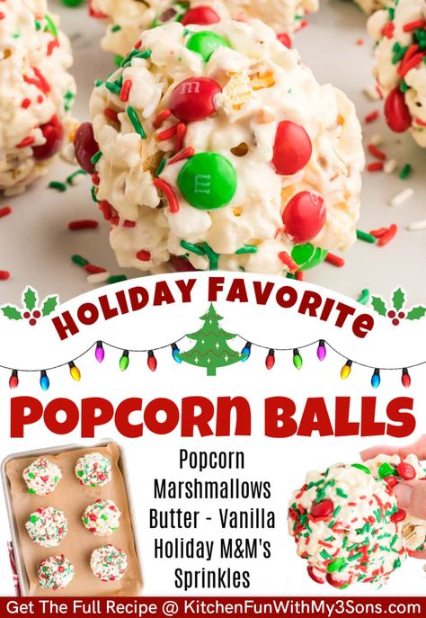 Christmas Popcorn Balls, Popcorn Balls Recipe, Popcorn Recipes Easy, Holiday Popcorn, Marshmallow Popcorn, Christmas Popcorn, Snow Balls, Christmas Food Treats, Popcorn Balls