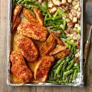 Weeknight Pork Chops and Asparagus Pork Chops And Asparagus, Southwest Seasoning, Boneless Pork Loin Chops, Sweet Apples, Boneless Pork Loin, Sheet Pan Dinners Recipes, Pork Loin Chops, New Potatoes, Fresh Asparagus