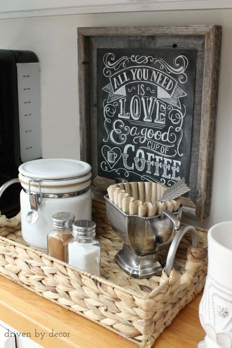 I love this coffee station!! Coin Café, Beverage Bar, Tea Station, Driven By Decor, Home Coffee Stations, Coffee Nook, Tea Bar, Coffee Corner, Coffee Print