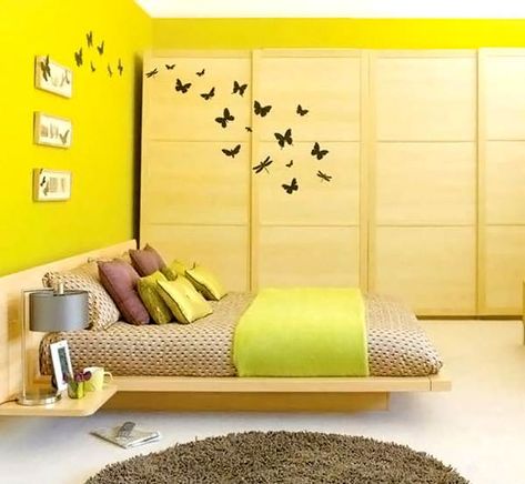 I'm pinning this because of the butterflies on the wall - that's the idea I have! Yellow Baby Room, Butterfly Bedroom, Smart Bedroom, Small Bedroom Designs, Yellow Bedroom, Small Bedroom Decor, Room Paint Colors, Modern Bedroom Furniture, Bedroom Color Schemes