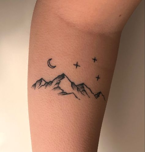 Mountain Constellation Tattoo, Mountain And Sky Tattoo, Star And Sky Tattoo, Simple Night Sky Tattoo, Mountain Night Sky Tattoo, Mountain And Stars Tattoo Acotar, Mountain With Stars Tattoo, Mountains And Stars Tattoo, Mountain Stars Tattoo