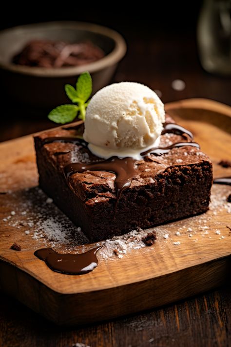 Dive into the rich temptation of this Brownie, bathed in soft, natural light with a comforting touch of warmth. Paired with artisanal vanilla bean ice cream, just beginning to melt, it's a moment of pure comfort. The cozy, dimly lit bistro and candlelight offer the perfect backdrop to savor the essence of indulgence. 🌧️🍽️ #BrownieBliss #DecadentComfort #FoodPorn #Photography #Dessert Cake With Ice Cream, Food Reference, Ice Cream Photography, Bean Ice Cream, Brownie Ice Cream, Dessert Photography, Brownie Desserts, Dessert Candles, Food Mood