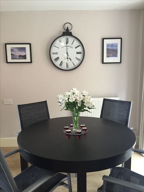 Dulux Gentle Fawn, giant clock, and Cornwall prints by Dave Crocker. Dining room idea Dulux Gentle Fawn, Hall Paint, Bedroom Panelling, Kitchen Wall Ideas, Dining Room Idea, Denim Drift, Giant Clock, Wall Colours, Dulux Paint