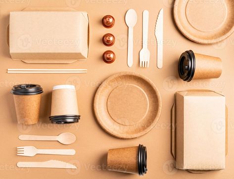 Eco friendly disposable tableware on brown background Tableware Photography, Shooting Ideas, Food Package, Dog Cafe, Plastic Ware, Compostable Packaging, Graphic Design Trends, Photo Style, Brown Background