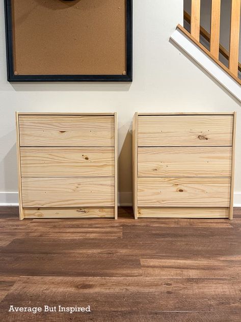 Ikea Malm Dresser Hack Night Stands, Ikea Wood Nightstand, Dresser To Nightstand Diy, Malm Dresser Nightstand Hack, Ikea Bedside Table Hack Night Stands, Ikea Dresser Hack Bedroom, Ikea Dresser As Nightstand, Ikea Rast Stain, Chest Of Drawers As Nightstand