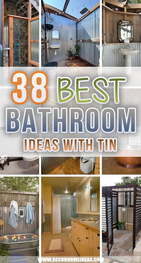 38 Ideas to Decorate Your Bathroom With “Zinc” That Look Cool and Practical | Decor Home Ideas Tin Shower Ideas, Tin Bathroom Ideas, Corrugated Metal Bathroom, Tin Shower Walls, Metal Shower Walls, Barn Tin Wall, Galvanized Shower, Tin Shower, Tin Bathroom