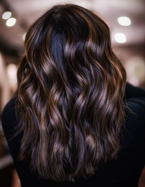 Dark Golden Hair Color, Dark Hair With Golden Balayage, Black Hair With Golden Brown Highlights, Brown Hair With Highlights Straightened, Black Hair With Golden Highlights, Dark Brown Hair With Golden Highlights, Golden Highlights On Dark Hair, High Light Hair, Highlights On Brunette