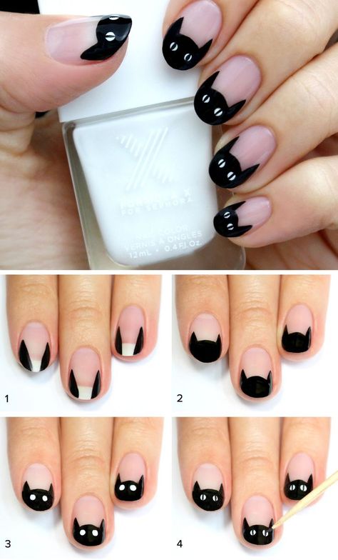 Mani Monday: Black Cat French Nail Tutorial | nail art | nail designs | cute :0) | Nagel Stamping, Scary Nails, Cat Nail Art, Halloween Nails Diy, Kutek Disney, Unghie Sfumate, Halloween Nails Easy, Cat Nail, Valentine Nails