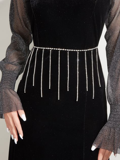 Silver Glamorous Collar  Zinc Alloy  Waist Skirt Embellished   Women Accessories Rhinestone Chain Dress, Silver Chain Dress, Rhinestone Belly Chain, Outfits 30s, Pants Chain, Pant Chains, Tassel Decor, Latest Dress Design, Rhinestone Fringe