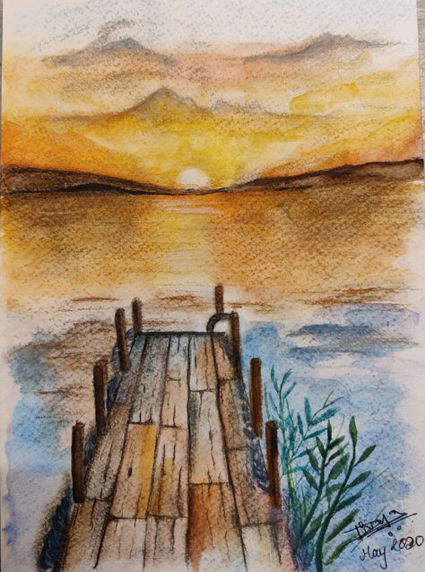 Sunset Watercolor Painting, Sunset Landscape Painting, Sunset Watercolor, Painting Sunset, Lake Painting, Watercolor Tutorials, Watercolor Sunset, Landscape Watercolor, Sunset Landscape