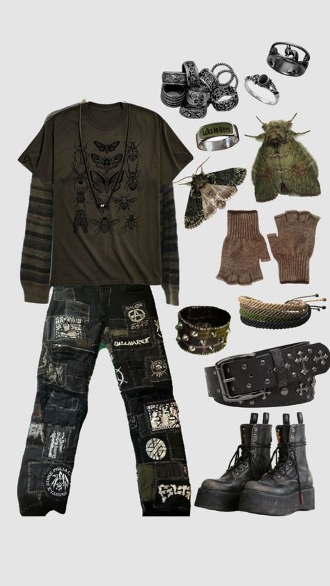 Moth Outfit Ideas, Moth Outfit Aesthetic, Raccooncore Outfit, Raccoon Outfit Aesthetic, Cryptic Core Outfits, Trashcore Outfit, Militarycore Outfits, Forest Punk Outfits, Cryptidcore Outfit Male