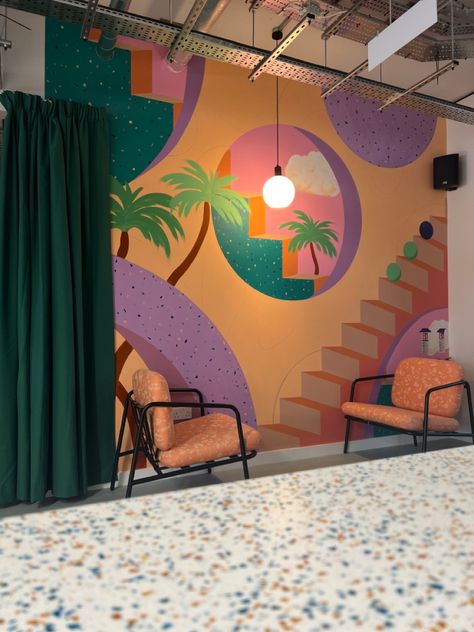 My new mural for Runway East - Brighton #barbiecore #muralart #mural #artist #ukartist #officedesignideas #officeinterior #office #officeinteriordesign #officeinspiration Funky Wall Mural, Funky Mural, Mural Artist, Art Cafe, Events Design, Uk Artist, Office Art, Office Inspiration, Office Interior Design