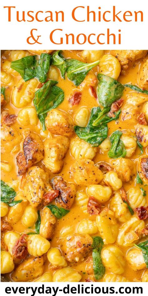 This creamy Tuscan chicken with gnocchi makes a delicious family-friendly dish. Tender and juicy diced chicken in a creamy sun-dried tomato sauce with spinach, served with gnocchi. You’ll love this quick and easy 30-minute meal! Chicken With Gnocchi, Chicken Zucchini Pasta, Chicken And Gnocchi, Gnocchi Recipes Easy, Gnocchi Dishes, Butternut Squash Sauce, Sun Dried Tomato Sauce, Butternut Squash Puree, Creamy Tuscan Chicken