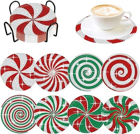 Amazon.com: 8 Pieces Candy Diamond Painting Coasters with Holder 5D DIY Christmas Candy Diamond Art Coasters Acrylic Round Cup Coaster with Cork Pads for Drinks Diamond Arts Kits for Adults Home Decor Christmas Eclectic Coasters, Diy Natal, Diy Christmas Candy, Painting Coasters, Holiday Coasters, Coasters With Holder, Diy Jul, Art Coasters, Christmas Diamonds