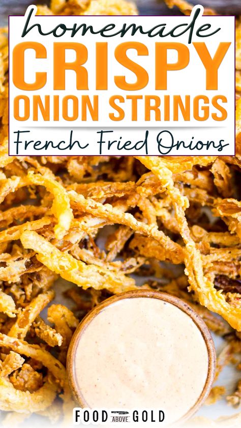 Bbq Aioli, Onion Strings Recipe, Fried Onion Strings, French Fried Onion Recipes, Fried Onions Recipe, Onion Strings, Onion Rings Recipe, Blooming Onion, French Fried Onions