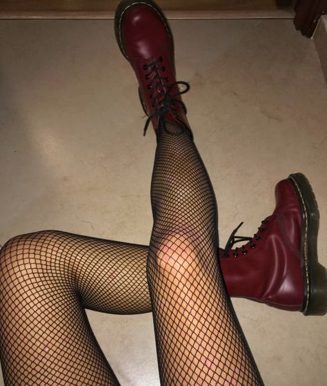 Doc Martens Red Outfit, Fishnets Aesthetic Grunge, Red Docs Aesthetic, Red Doc Martens Aesthetic, Docs And Fishnets, Fishnet Doc Martens Outfit, Fish Nets Aesthetic, Red Martens Outfit, Dark Red Doc Martens