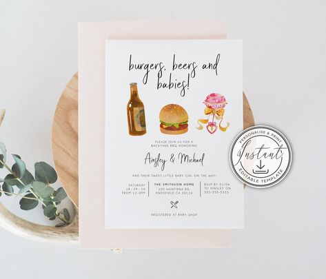 Burgers Beers & Babies BBQ Invitation Editable Template | Etsy Sip And See Bbq, Baby Q Shower Ideas Boy, Baby Q Invitations, Sprinkle Ideas, Bbq Baby Shower Invitations, Baby Q Shower, Rustic Books, Bbq Invitation, Baby Shower Bbq