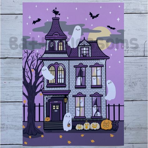 All Hallow’s Eve Print – Batty Blossoms Cute Haunted House Drawing, Haunted House Painting Ideas, Haunted House Doodle, Halloween House Drawing, Spooky House Drawing, Painting Haunted House, Haunted House Painting, Easy Haunted House, Old Haunted House