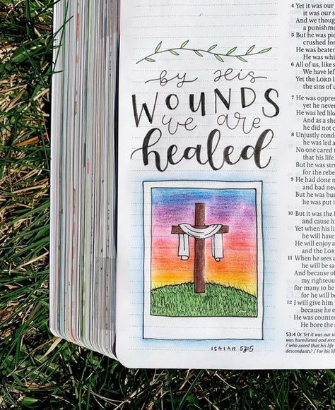 Easter Bible Journaling, Isaiah Bible, Bible Journal Notebooks, Isaiah 53 5, Bible Drawing, Bible Journaling Ideas Drawings, Bible Journal Notes, Inspire Bible Journaling, Bible Study Notebook