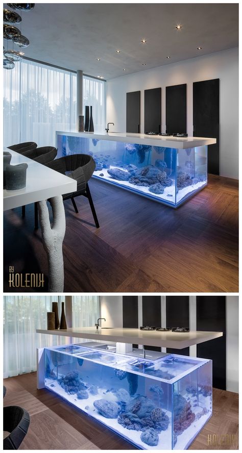 Ocean Kitchen and Aquarium by Robert Kolenik Supraviețuire Camping, Beautiful Kitchen Cabinets, Aquarium Setup, Interior Design Per La Casa, Home Aquarium, Aquarium Design, Hus Inspiration, Luxury Kitchen Design, Kitchen Doors