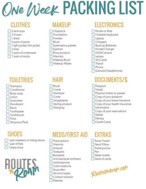 One Week Packing Checklist for a week long vacation - A printable packing list to keep… | Packing list for travel, Printable packing list, Packing list for vacation One Week Packing List, Week Packing List, Trip Essentials Packing Lists, Beach Vacation Packing, Printable Packing List, Packing Essentials List, Travel Packing Checklist, Ultimate Packing List, Road Trip Packing List