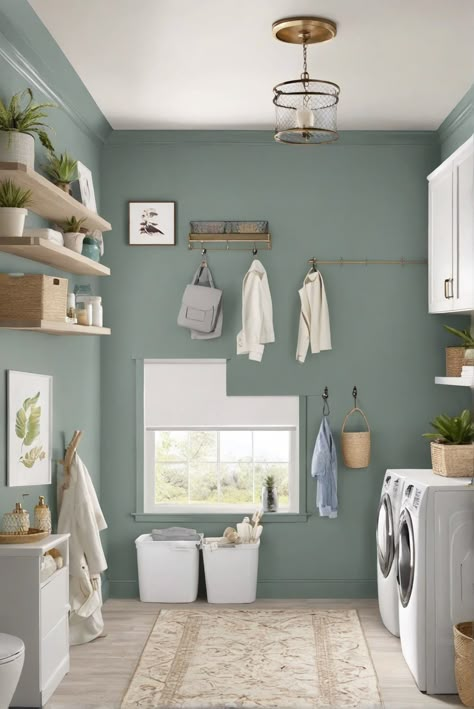 laundry room, makeover, paint colors, trendiest Mudroom Laundry Room Paint Color, Wall Color For Laundry Room, Laundry Room Wood Paneling, Laundry Paint Ideas Wall Colors, Behr Paint Colors For Laundry Room, Laundry Room Ideas Green Walls, Laundry Color Palette, Laundry Color Ideas Paint, Green Farmhouse Laundry Room