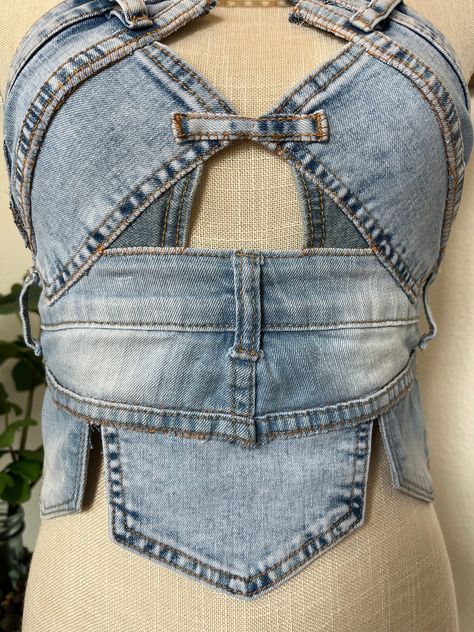 Upcycled Denim Diy, Denim Diy Clothes, Model Clothing, Denim Bustier, Long Sleeve Evening Gowns, Denim Inspiration, Diy Clothes Design, Estilo Denim, Denim Crop Top