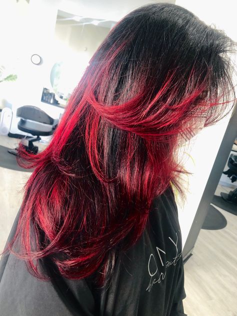 Black Hair Red Tips, Red Hair Streaks, Red Hair Tips, Red Balayage Hair, Red Hair With Highlights, Black Red Hair, Hair Dye Tips, Red Ombre Hair, Hair Color Underneath