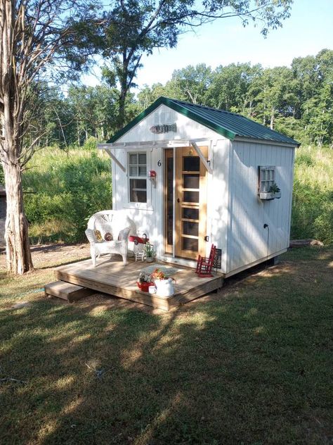 Tiny She Shed, Shed To Tiny House Conversion, Tiny Home Layout, 8x8 Shed, Tiny House Remodel, Tiny Home Decor, Tiny Home Ideas, Living In A Shed, Custom French Doors