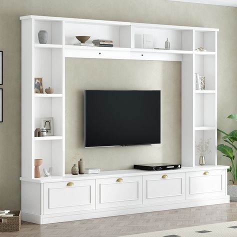 Versatile 4-in-1 Design This entertainment wall unit deftly combines a TV cabinet, bookshelf, wine cabinet, and display cabinet into a single entity, which consolidates multiple functions and maximizes the utilization of limited space. Entertainment Center With Bookshelves, Tv Cabinet Wall Design, Tv Cabinet Design Modern, Wall Tv Stand, Cabinet Bookshelf, Tv Stand Bookshelf, Modern Tv Unit Designs, Tv Console Modern, Tv Stand Shelves